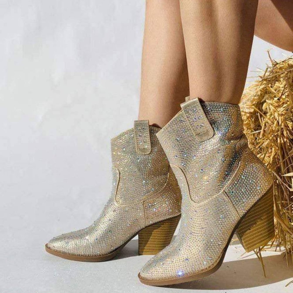 NEW🔥 Champagne Rhinestone Cowboy Cowgirl Western Booties Ankle Boots Block Heel - Picture 2 of 6